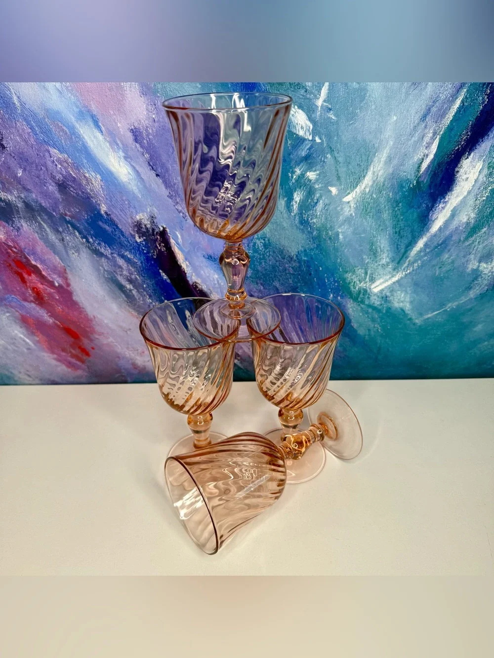 Set of 4 Arcoroc France Rosaline Pink Swirl Wine Water Goblets Stemmed Luminarc
